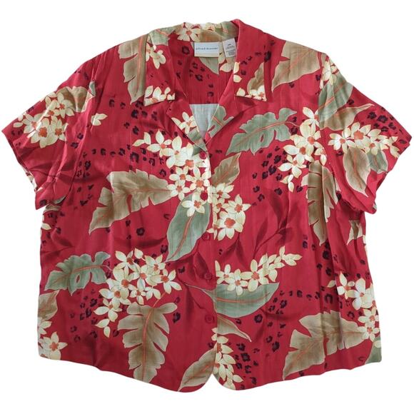 Alfred Dunner WOMAN Red Tan Green & Black Button Up Floral Top Women's Size 24W - Picture 1 of 4